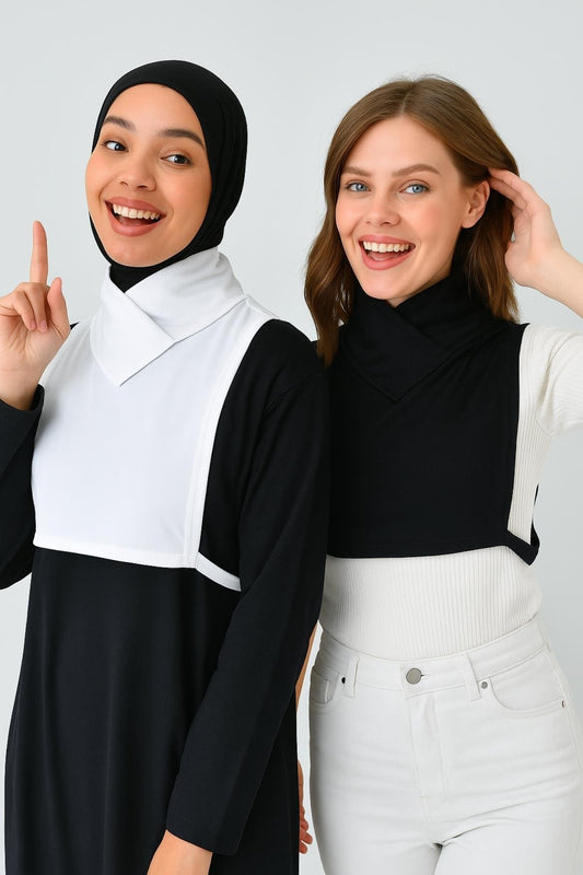 طقم من قطعتين برقبة دائرية بدون أكمام وياقة - أبيض وأسود