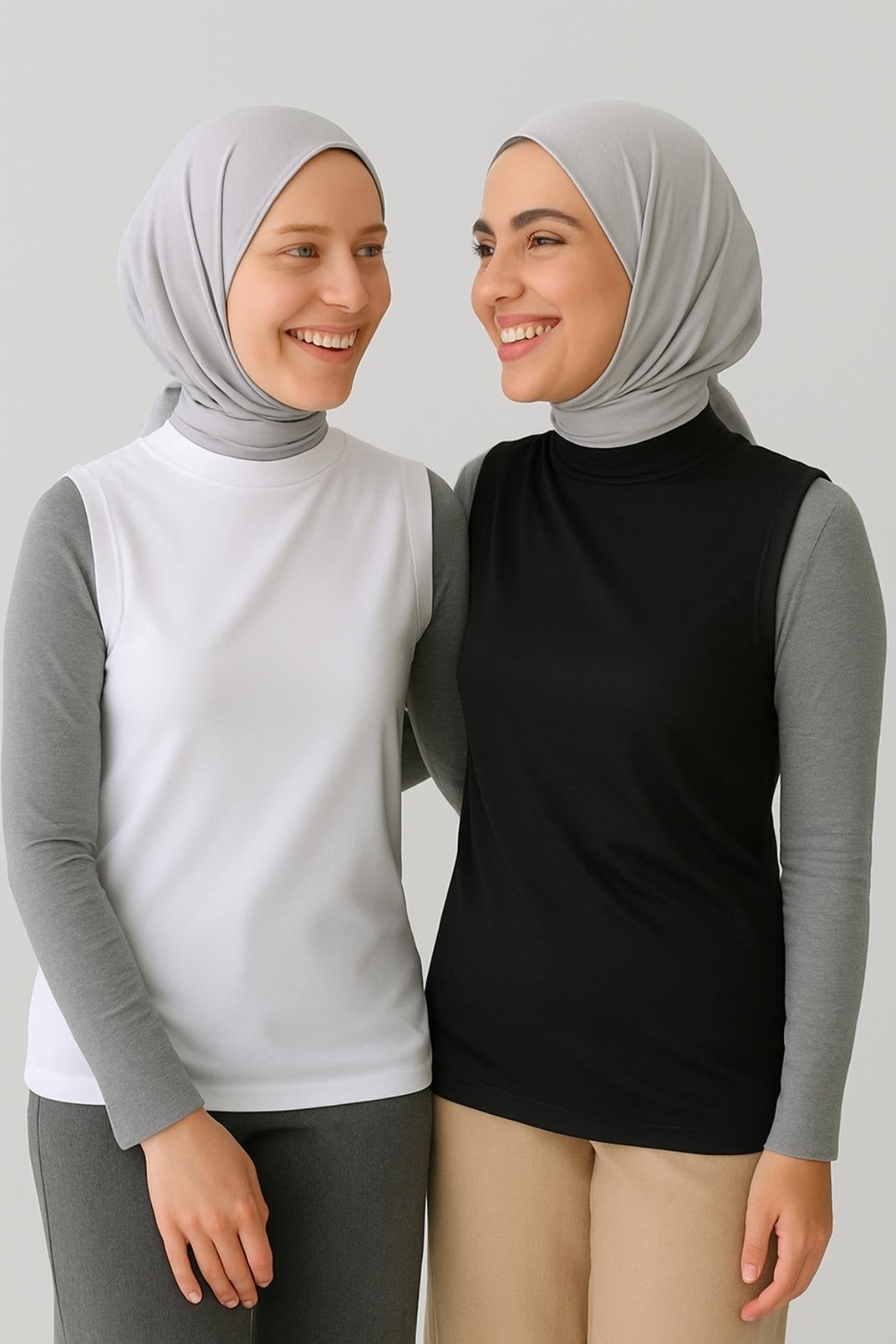 2'li Paket Balıkçı Yaka Kolsuz Bluz Seti - Siyah ve Beyaz