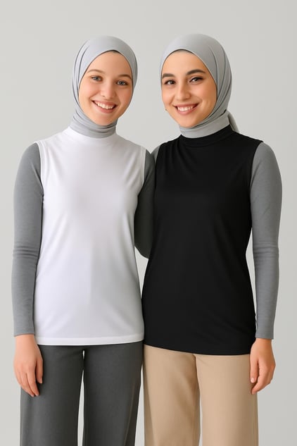 2'li Paket Balıkçı Yaka Kolsuz Bluz Seti - Siyah ve Beyaz