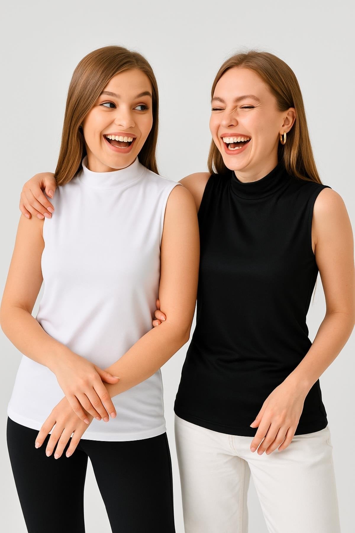 2'li Paket Balıkçı Yaka Kolsuz İçlik Seti – Siyah & Beyaz