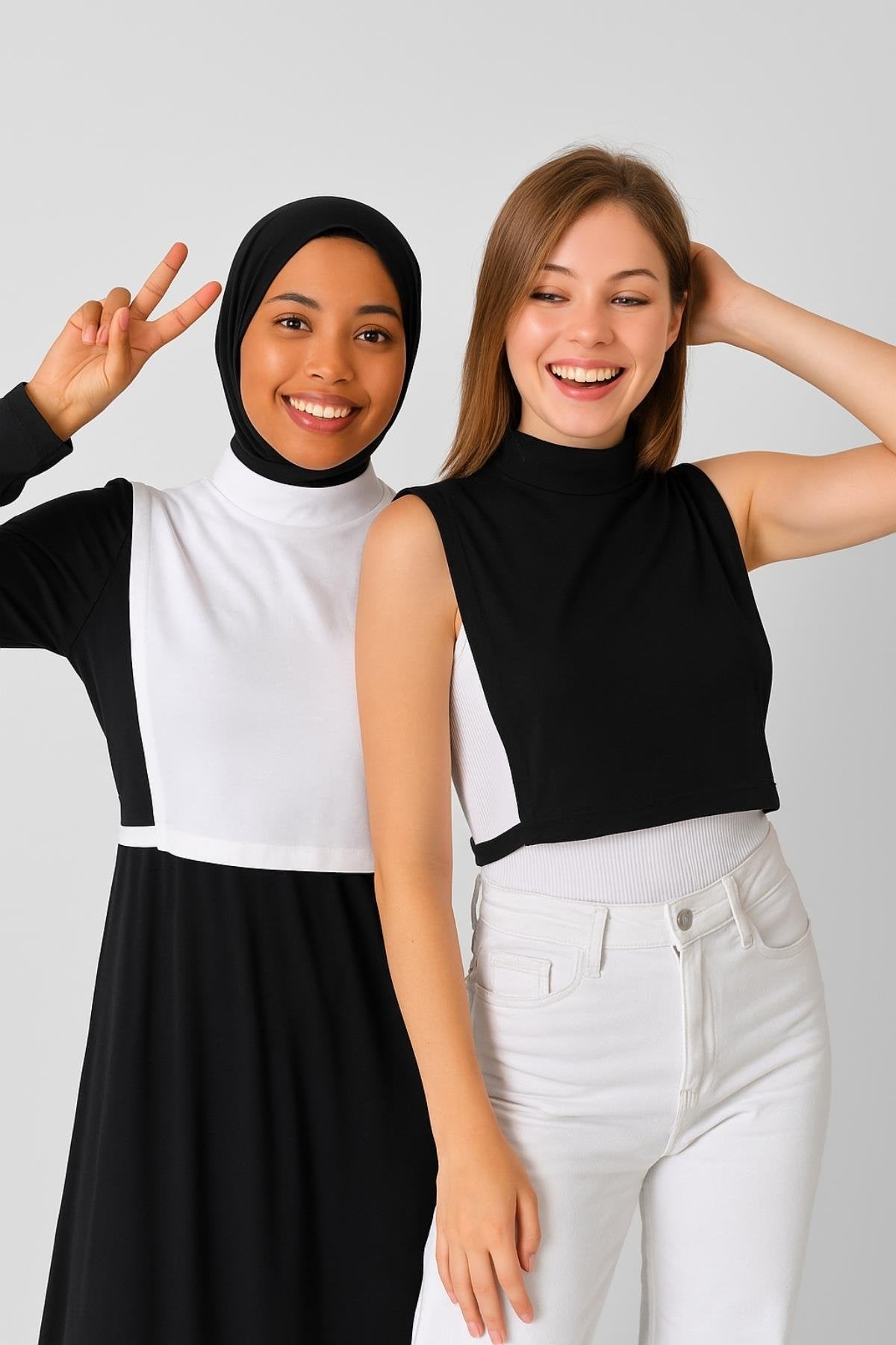 2'li Paket Balıkçı Yaka Kolsuz Boyunluk Seti - Beyaz ve Siyah