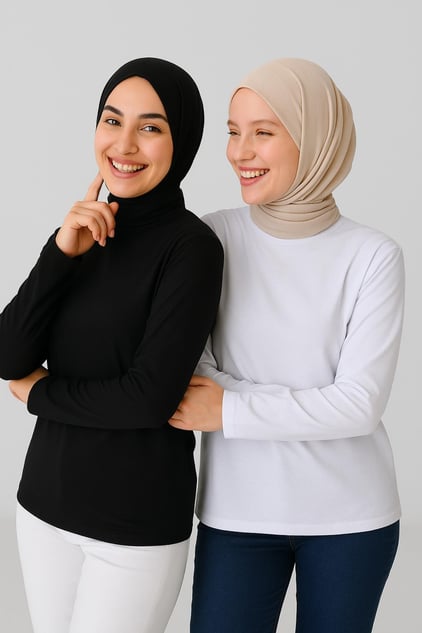 2'li Paket Balıkçı Yaka Uzun Kol Bluz - Siyah ve Beyaz