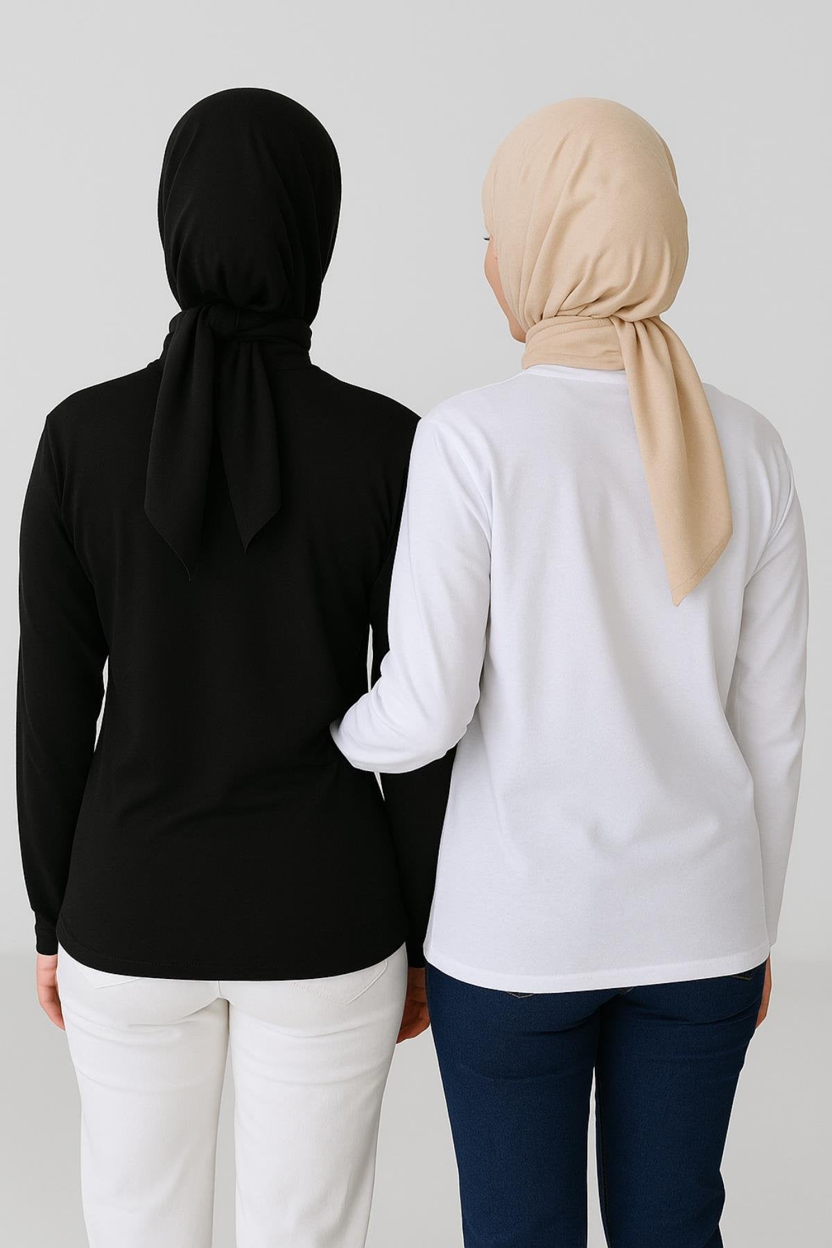 2'li Paket Balıkçı Yaka Uzun Kol Bluz - Siyah ve Beyaz