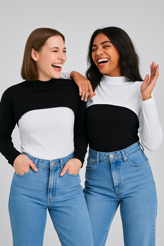 2'li Paket Dik Yaka Boyunluklu Kolluk Seti - Siyah ve Beyaz