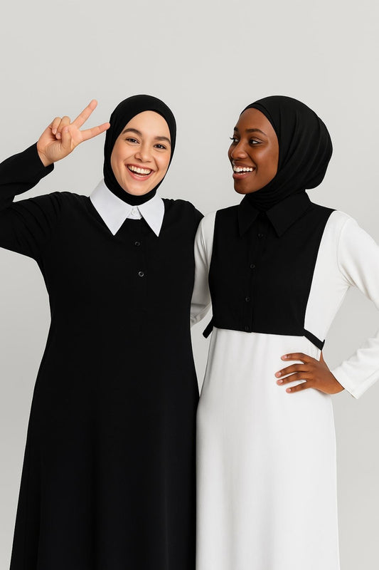 طقم ياقة قميص مكون من قطعتين - أسود وأبيض