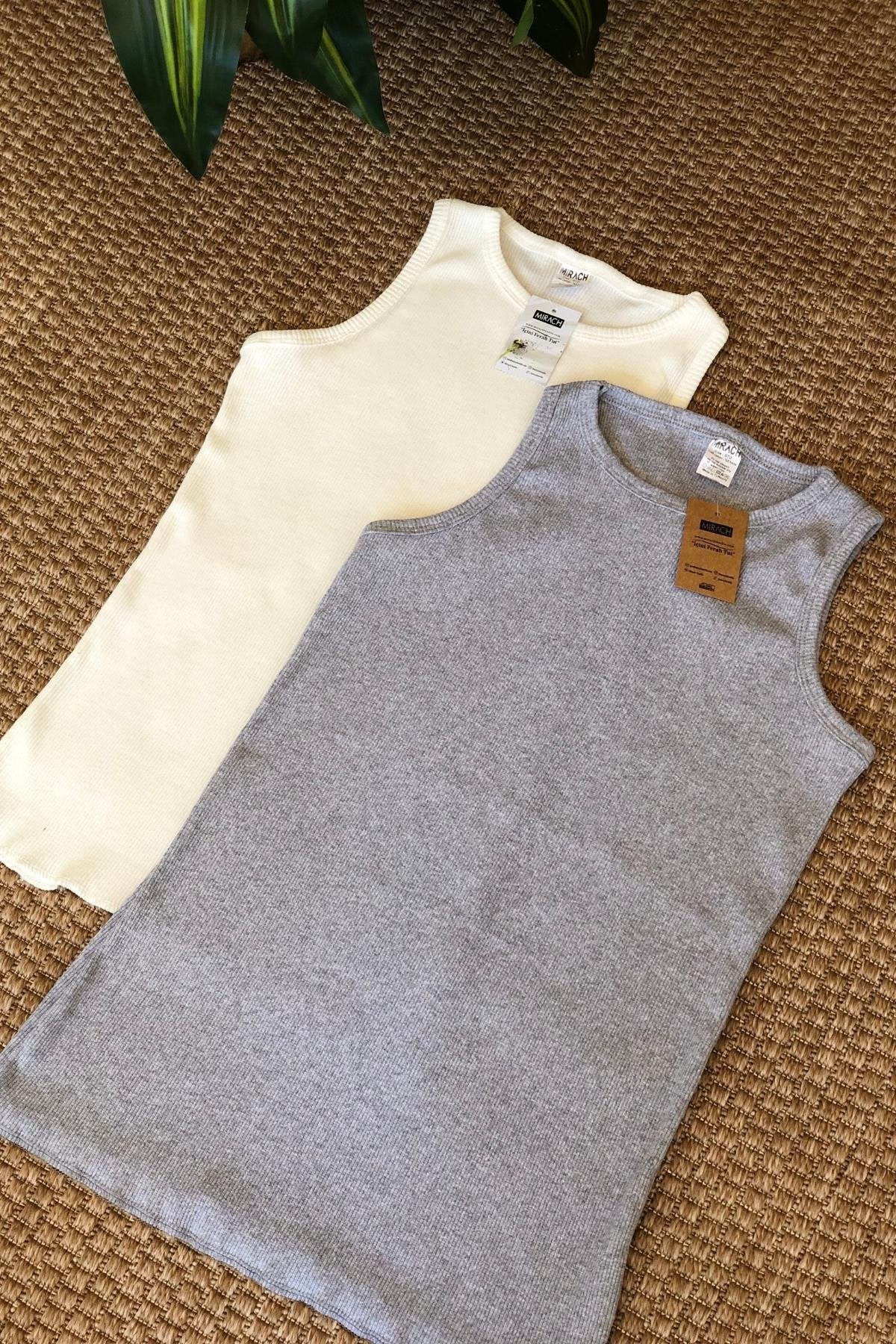 2'li Paket Fitilli Atlet Bluz - Gri ve Beyaz