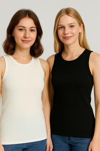 2’li Paket Fitilli Kolsuz Basic İçlik Seti – Siyah & Beyaz