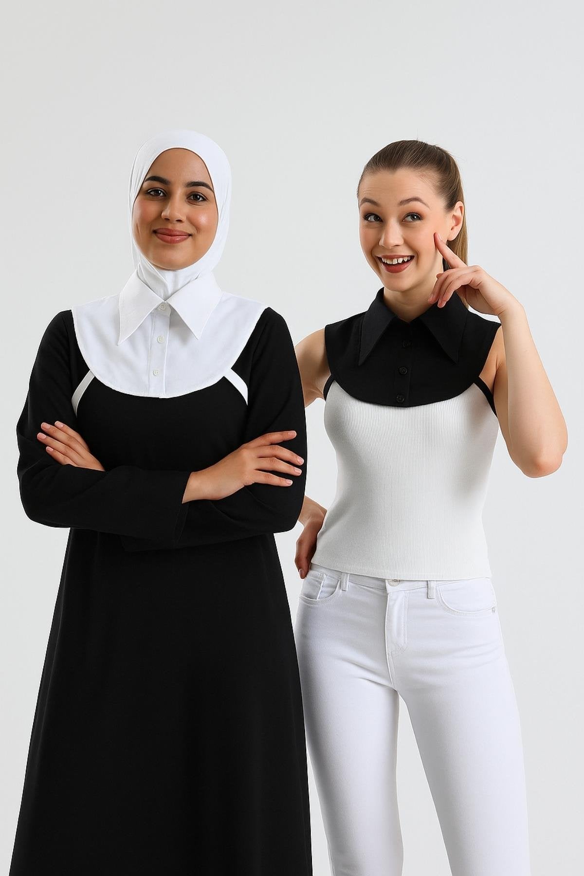 2'li Paket Mini Gömlek Yakası - Siyah ve Beyaz