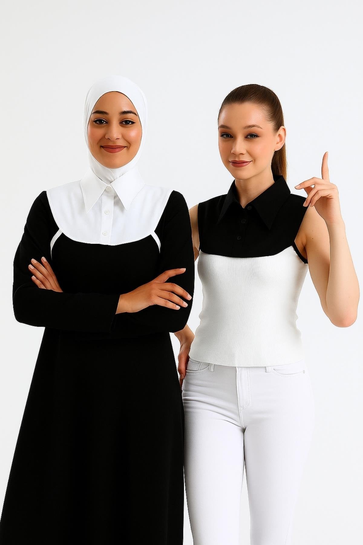 2'li Paket Mini Gömlek Yakası - Siyah ve Beyaz