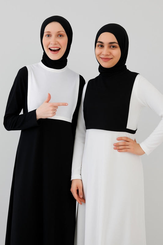 طقم من قطعتين برقبة دائرية بدون أكمام وياقة - أبيض وأسود