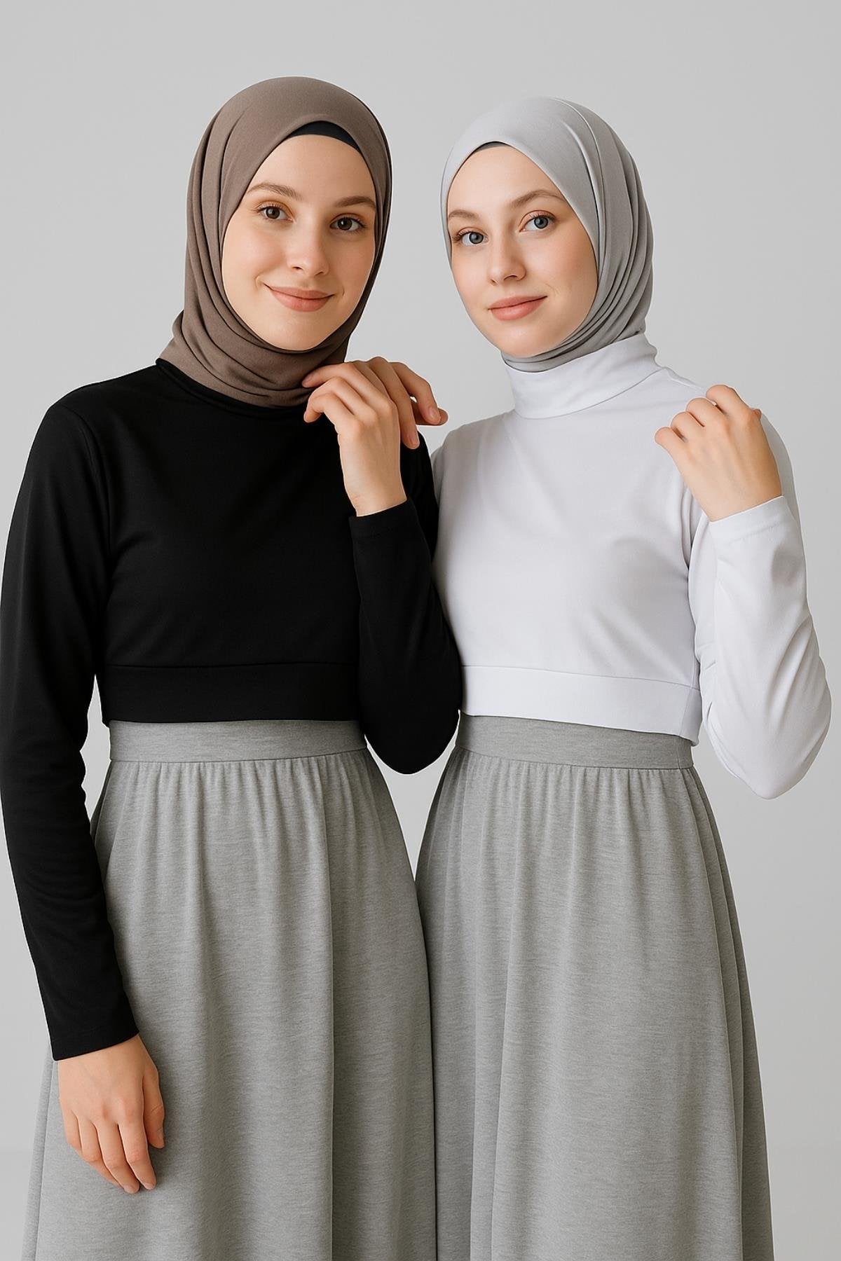 2'li Paket Uzun Kollu Crop Boyunluk - Beyaz ve Siyah