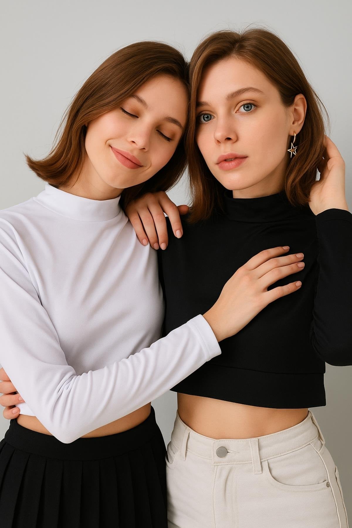 2'li Paket Uzun Kollu Crop Boyunluk - Beyaz ve Siyah