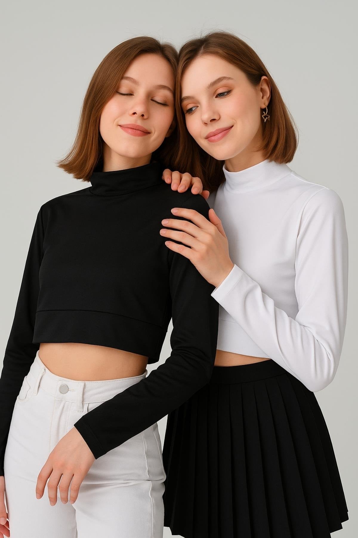 2'li Paket Uzun Kollu Crop Boyunluk - Beyaz ve Siyah