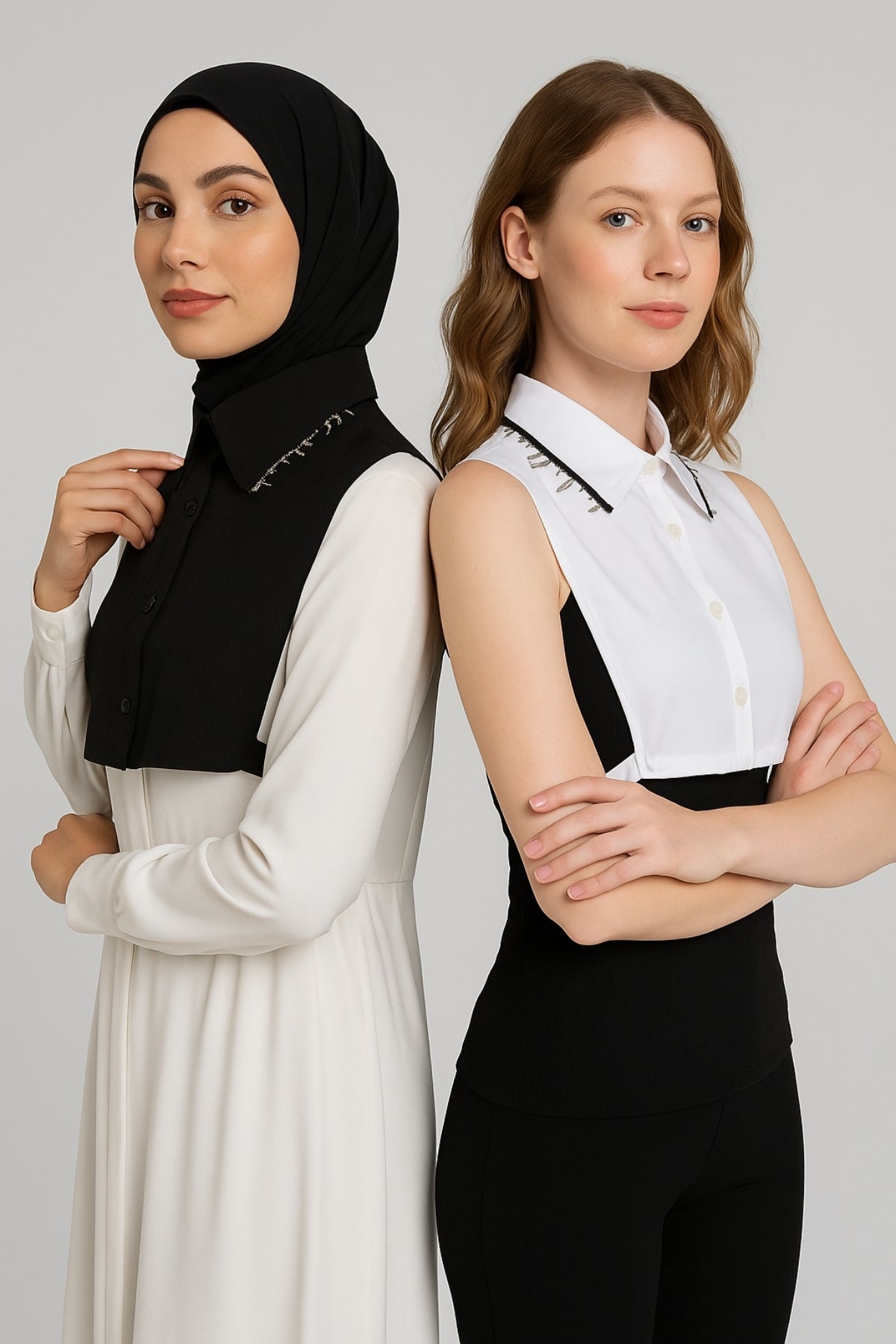 2'li Paket Zincirli Gömlek Yakası - Siyah ve Beyaz