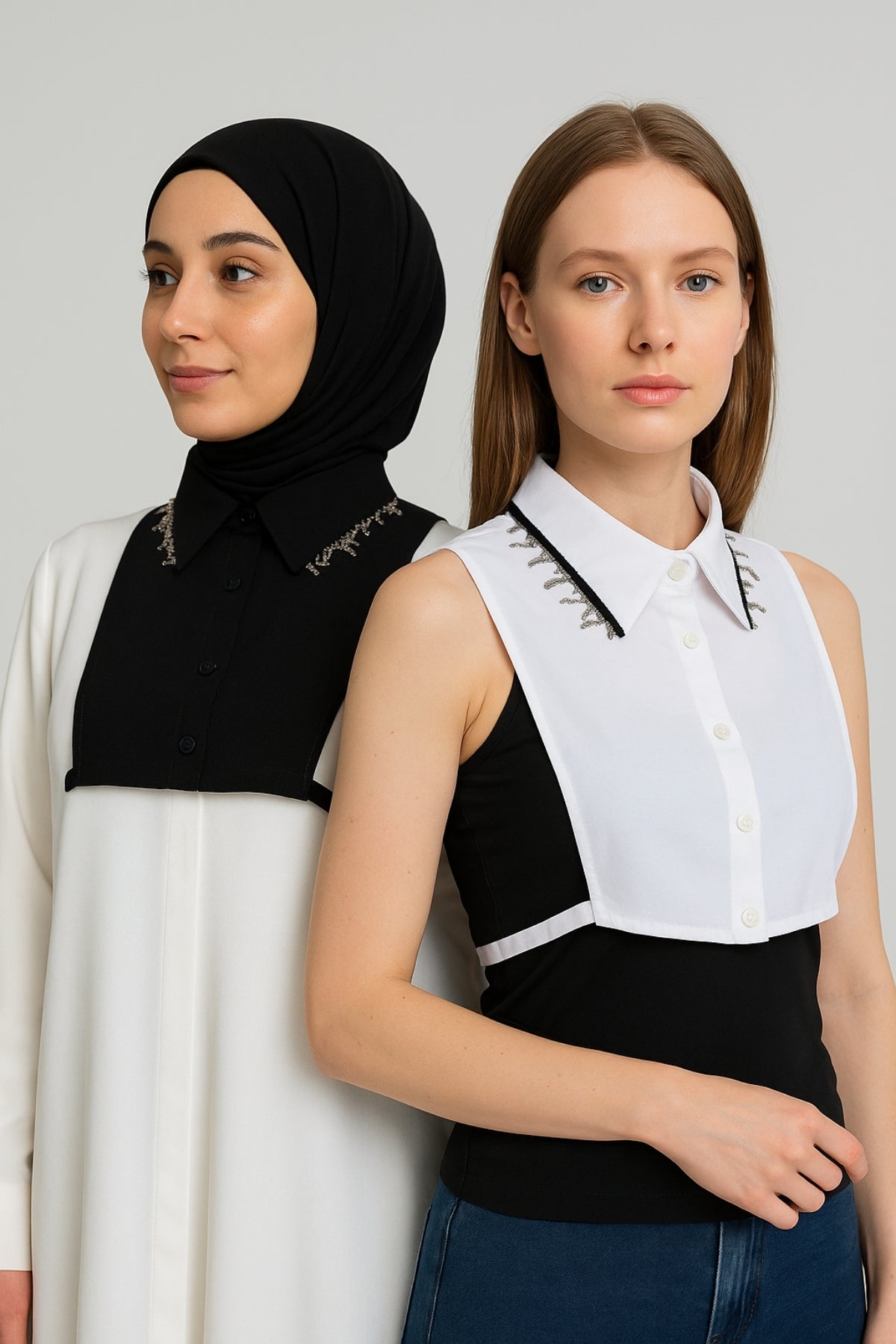 2'li Paket Zincirli Gömlek Yakası - Siyah ve Beyaz