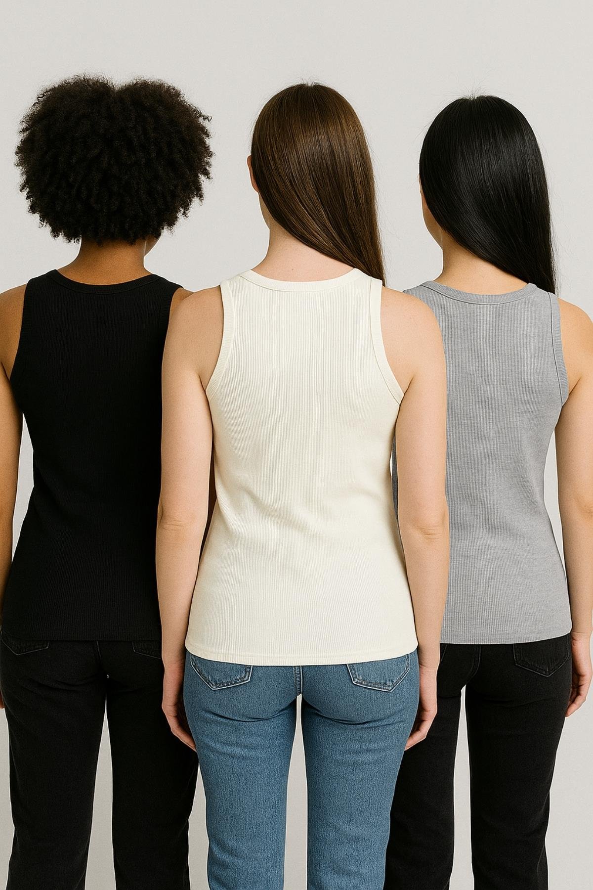 3'lü Paket Kalın Askılı Fitilli Basic Atlet - Siyah, Beyaz ve Gri