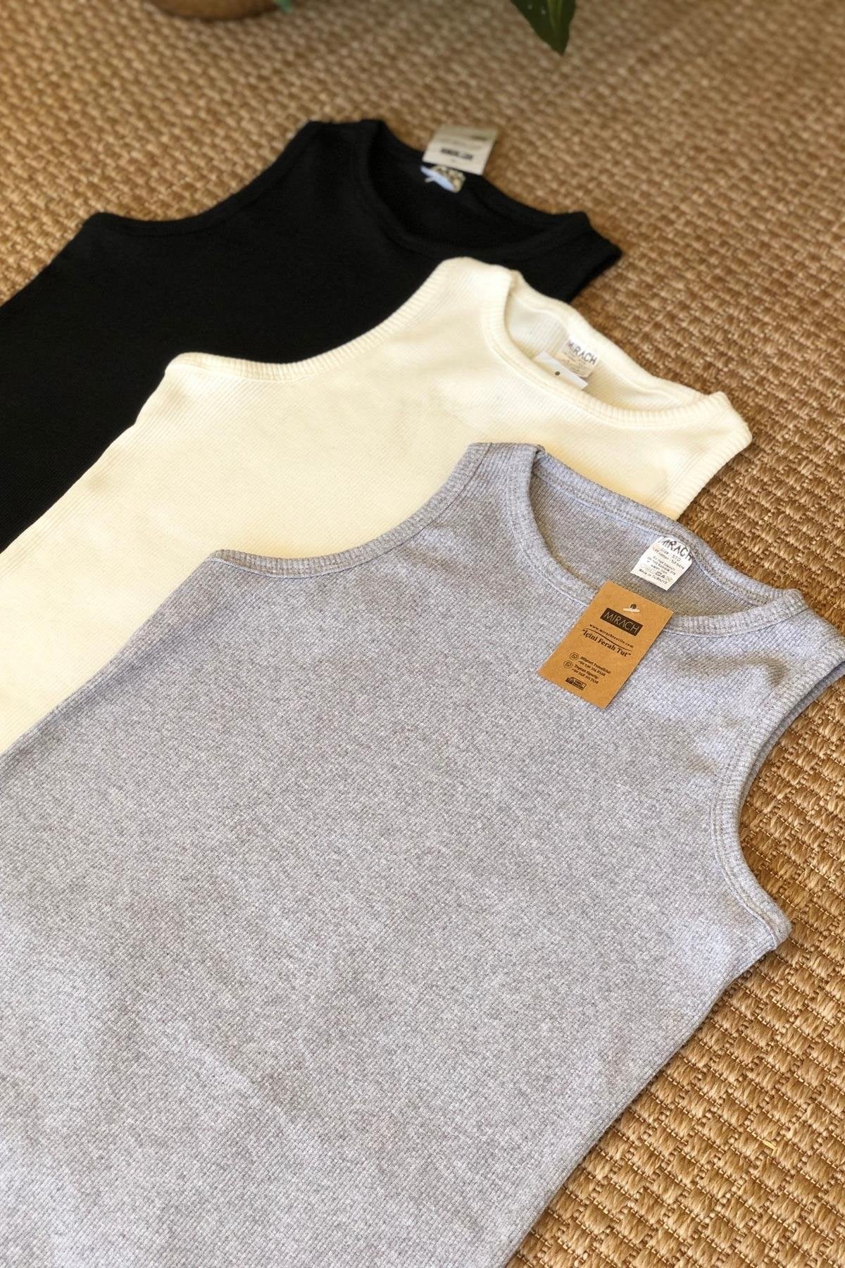 3'lü Paket Kalın Askılı Fitilli Basic Atlet - Siyah, Beyaz ve Gri