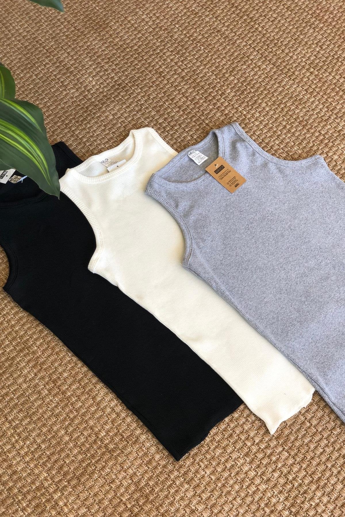 3'lü Paket Kalın Askılı Fitilli Basic Atlet - Siyah, Beyaz ve Gri