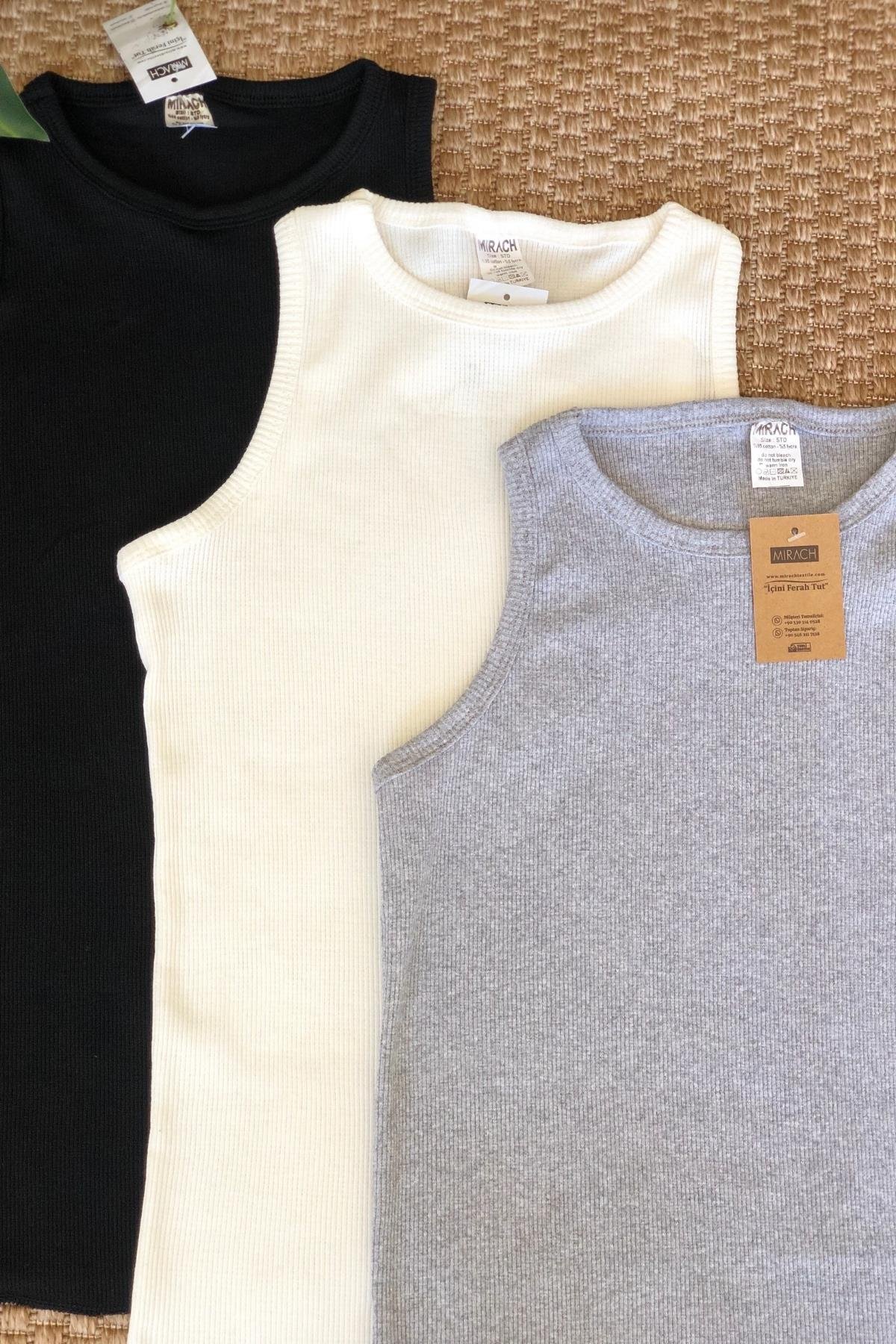 3'lü Paket Kalın Askılı Fitilli Basic Atlet - Siyah, Beyaz ve Gri
