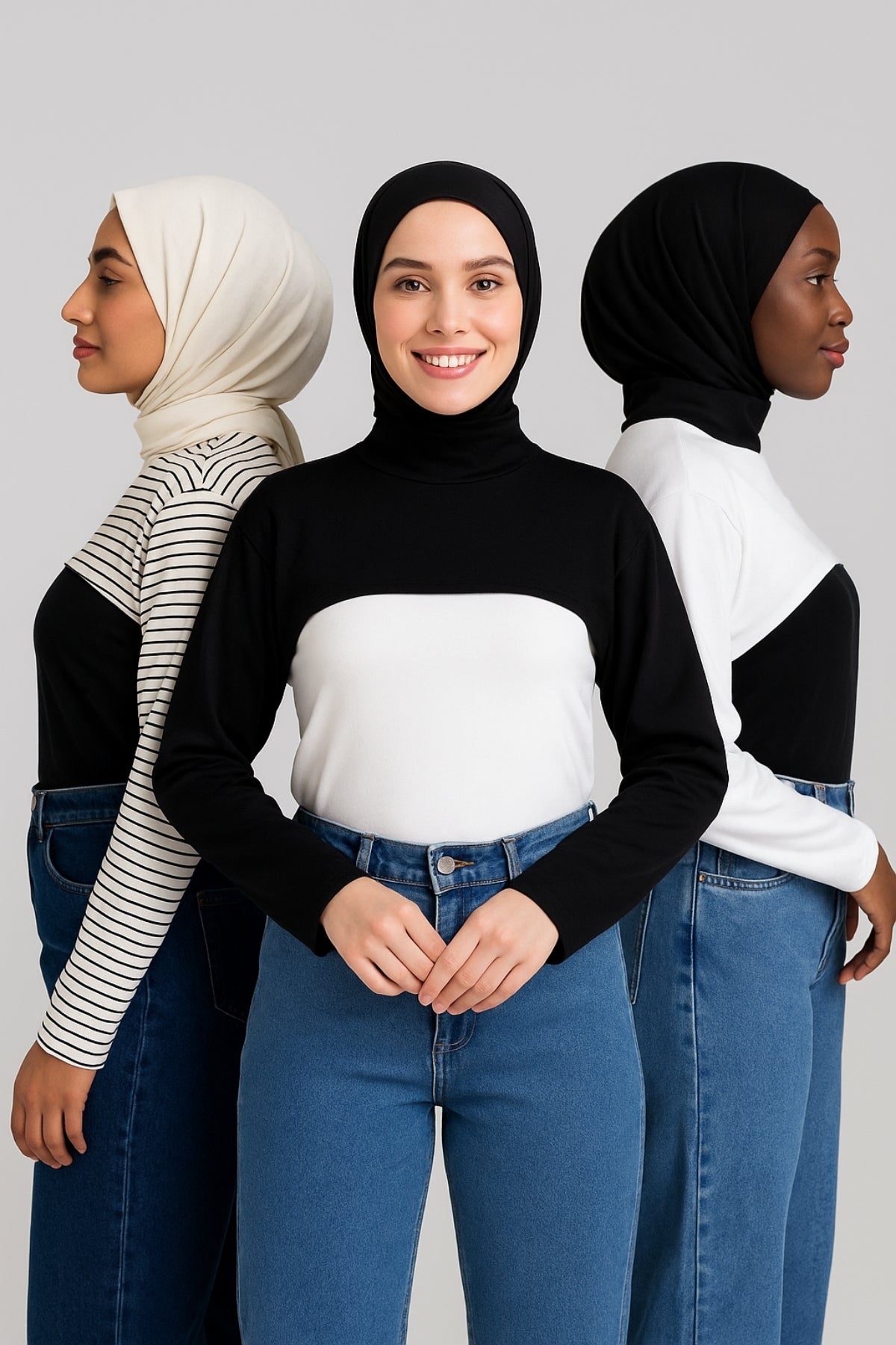 3'lü Set Dik Yaka Boyunluklu Kolluk - Beyaz Çizgili, Siyah, Beyaz