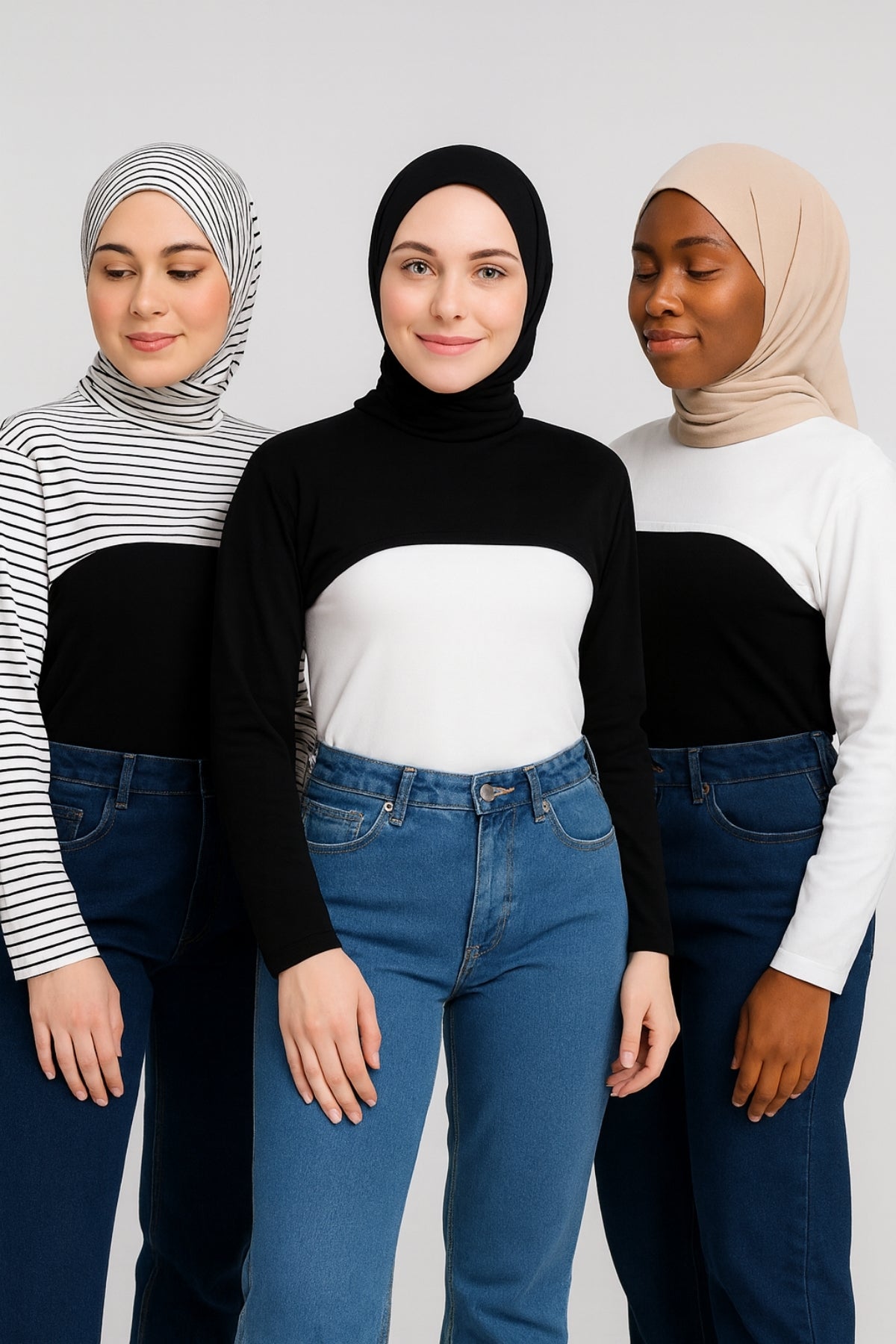 3'lü Set Dik Yaka Boyunluklu Kolluk - Beyaz Çizgili, Siyah, Beyaz