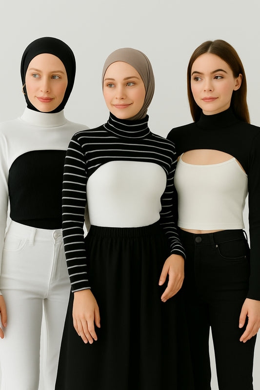 3'lü Set Dik Yaka Boyunluklu Kolluk - Beyaz, Siyah ve Siyah Çizgili