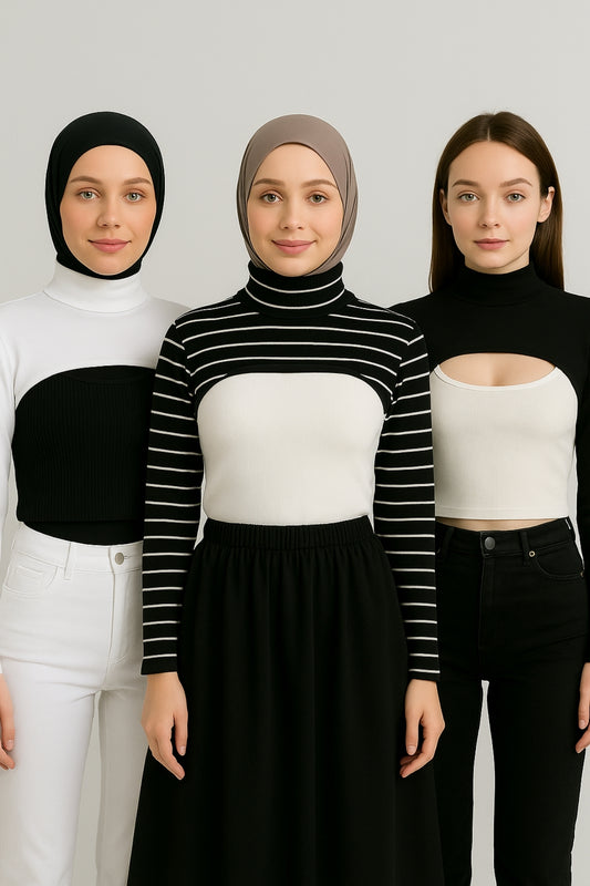 3'lü Set Dik Yaka Boyunluklu Kolluk - Beyaz, Siyah ve Siyah Çizgili