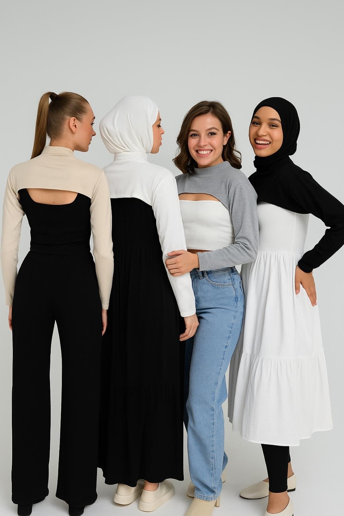 4'lü Set Dik Yaka Boyunluklu Kolluk - Beyaz Siyah Gri Bej