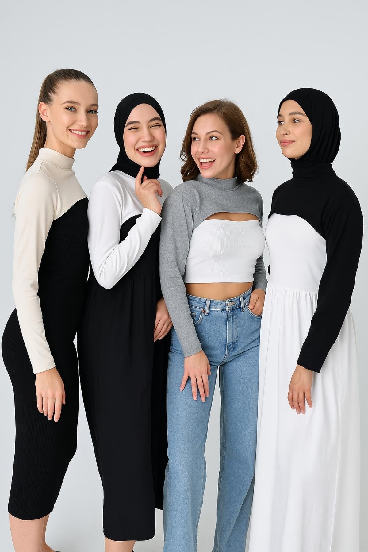 4'lü Set Dik Yaka Boyunluklu Kolluk - Beyaz Siyah Gri Bej