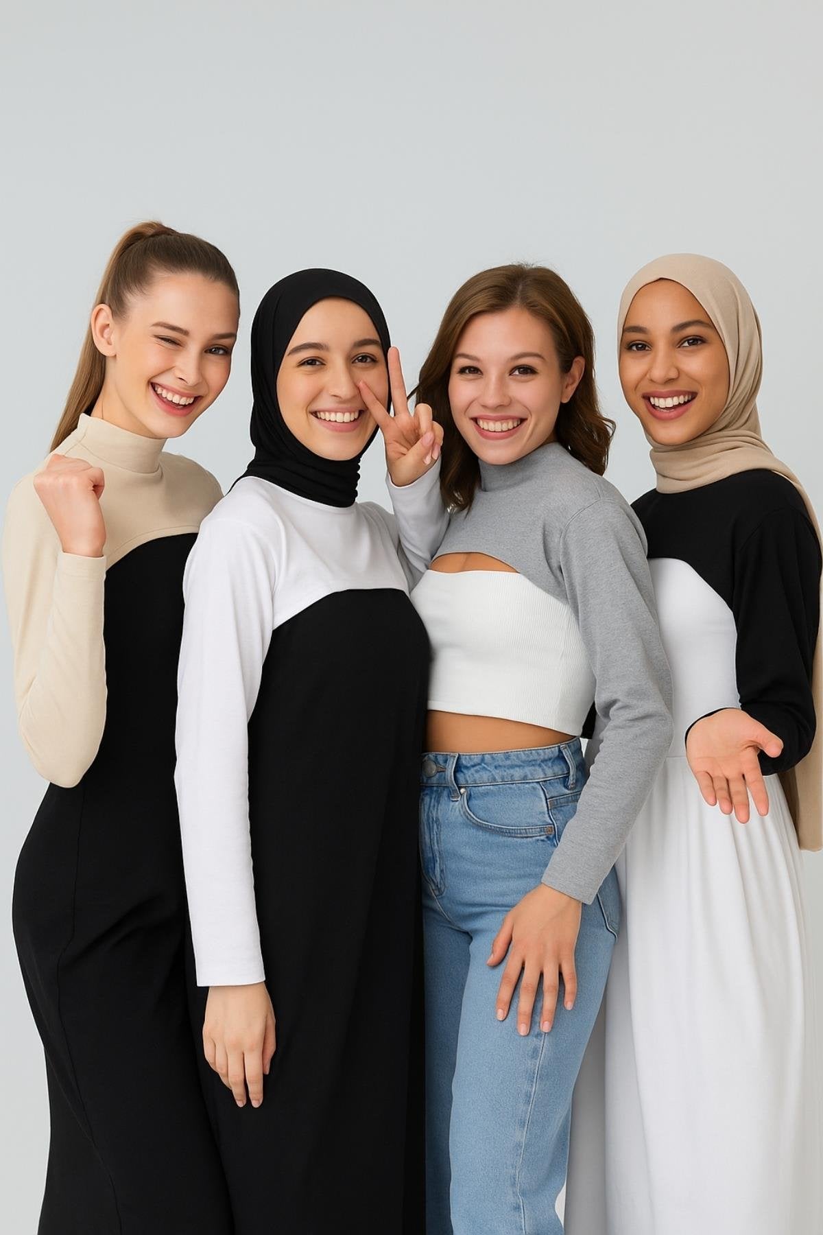 4'lü Set Dik Yaka Boyunluklu Kolluk - Beyaz Siyah Gri Bej