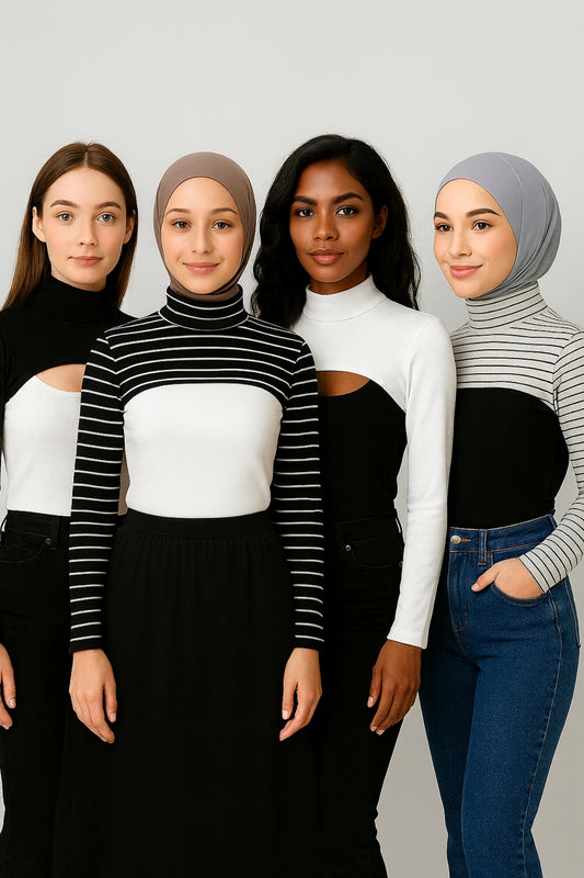 4'lü Set Dik Yaka Boyunluklu Kolluk - Beyaz, Siyah Çizgili, Siyah ve Beyaz Çizgili