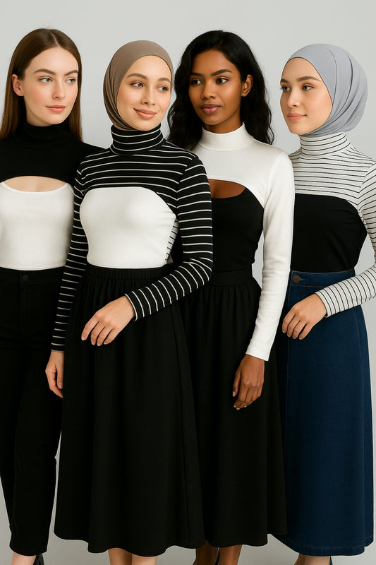 4'lü Set Dik Yaka Boyunluklu Kolluk - Beyaz, Siyah Çizgili, Siyah ve Beyaz Çizgili