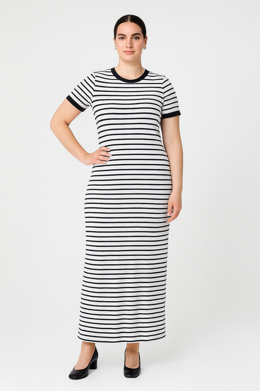 Büyük Beden Kısa Kollu Fitilli Elbise - Siyah Beyaz Çizgili