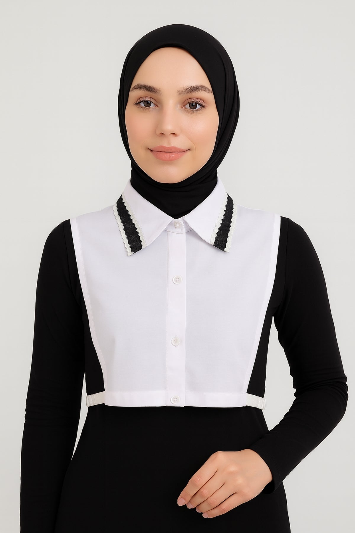 Lace and Leather Detail Shirt Collar - White