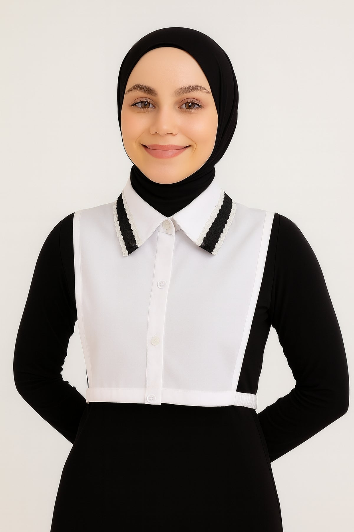 Lace and Leather Detail Shirt Collar - White