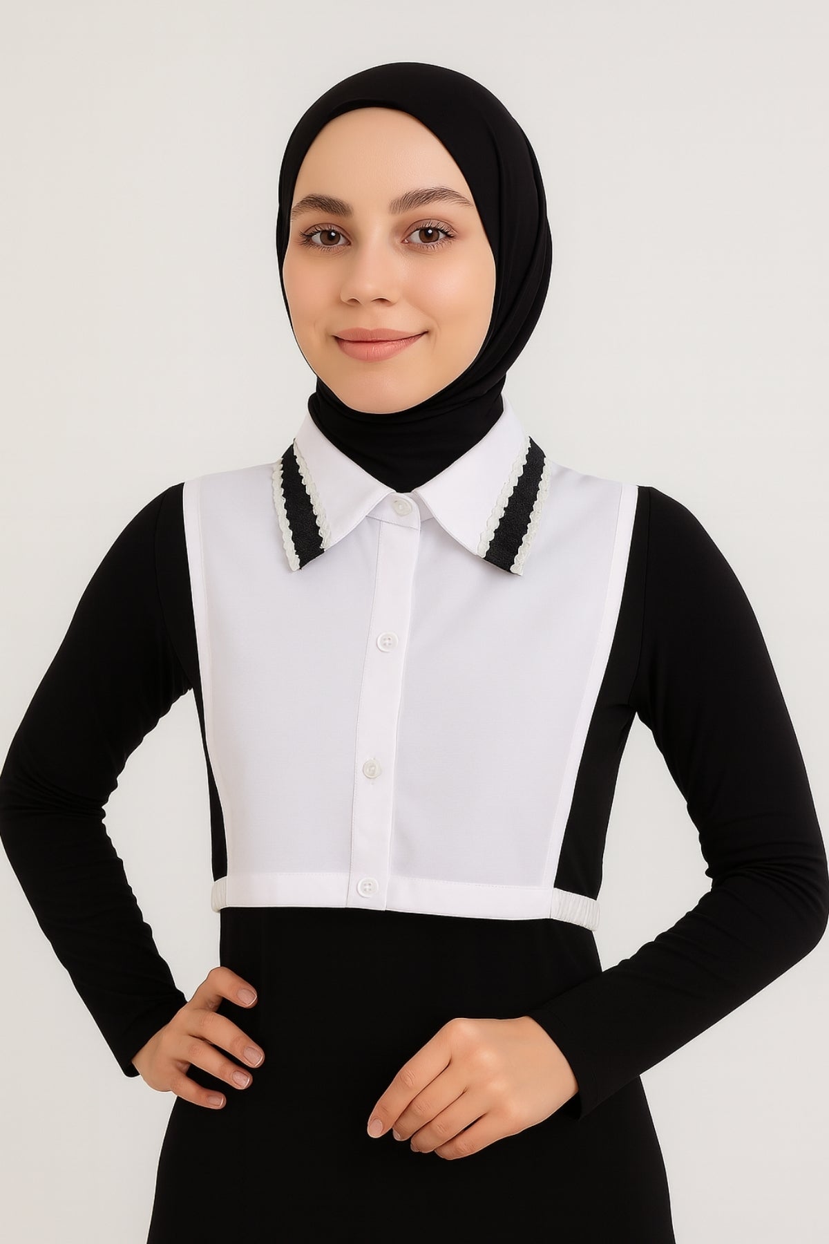 Lace and Leather Detail Shirt Collar - White