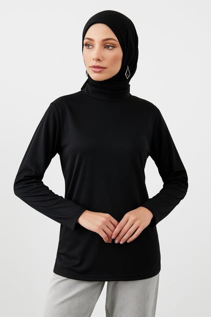 Balıkçı Yaka Uzun Kol Bluz - Siyah