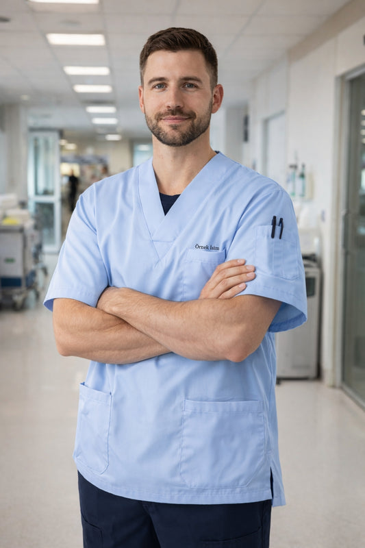 Kişiye Özel İsimli Erkek Tek Üst 4 Cepli Scrubs Forma - Mavi