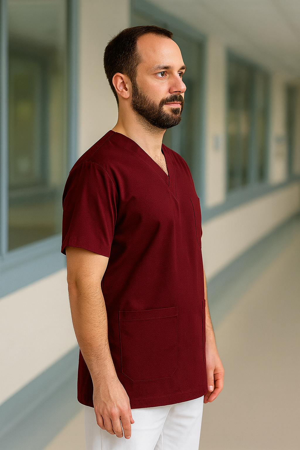 Tek Üst 4 Cepli Erkek Scrubs Forma - Bordo