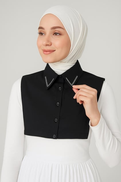 Çift Sıra Taşlı Gömlek Yaka - Siyah