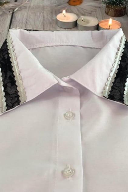 Lace and Leather Detail Shirt Collar - White