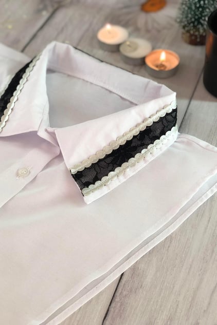 Lace and Leather Detail Shirt Collar - White
