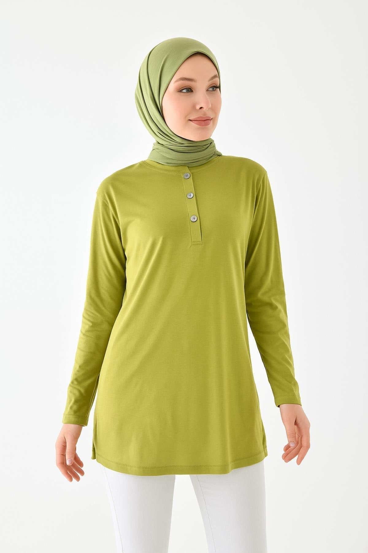 Düğmeli Basic Tunik - Yeşil