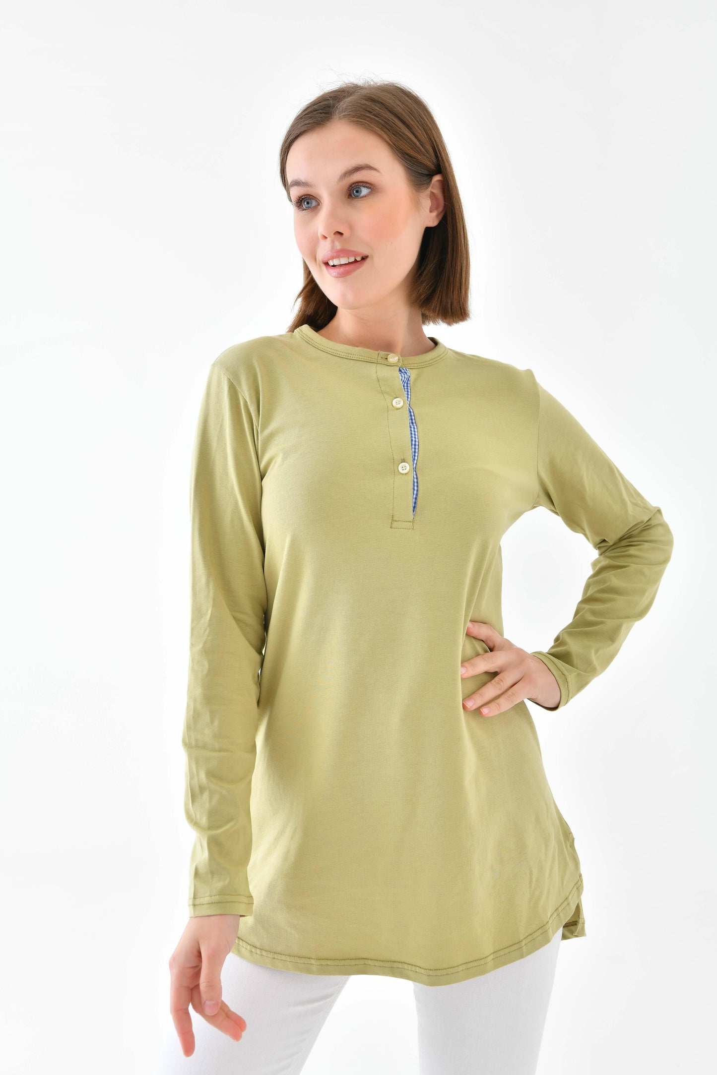 Düğmeli Basic Tunik - Yeşil