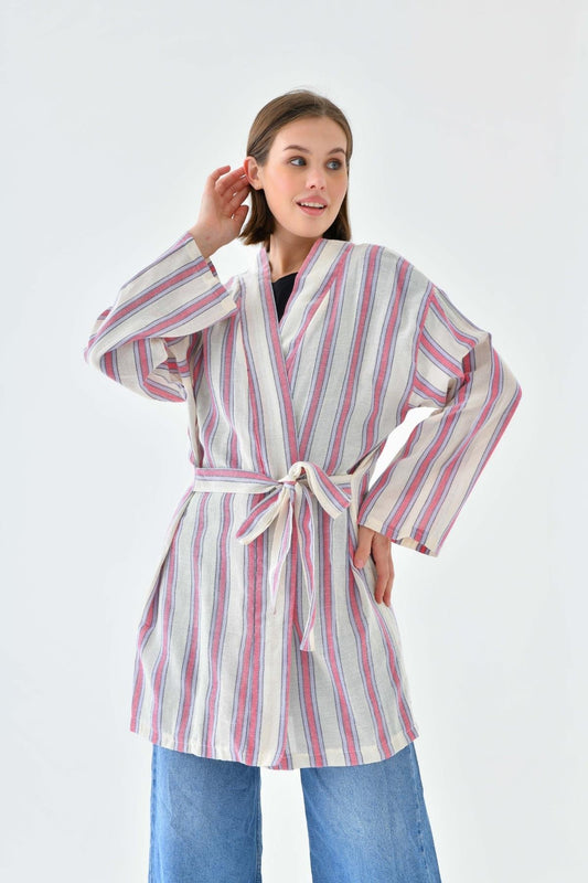 كيمونو منسوج يدويًا - وردي أزرق