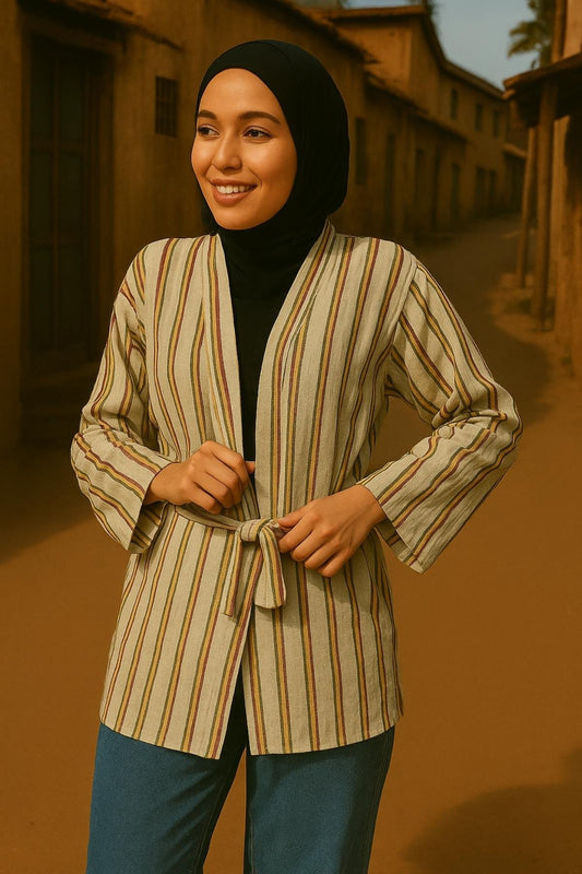 كيمونو منسوج يدويًا - أخضر وأحمر