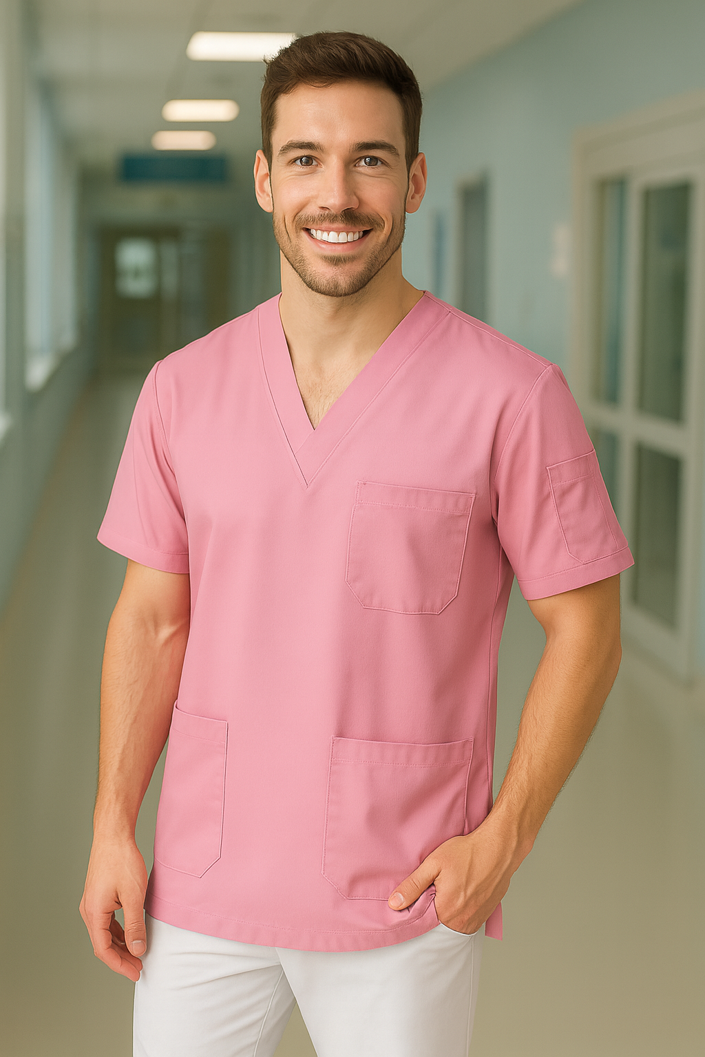 Tek Üst 4 Cepli Erkek Scrubs Forma - Şeker Pembe
