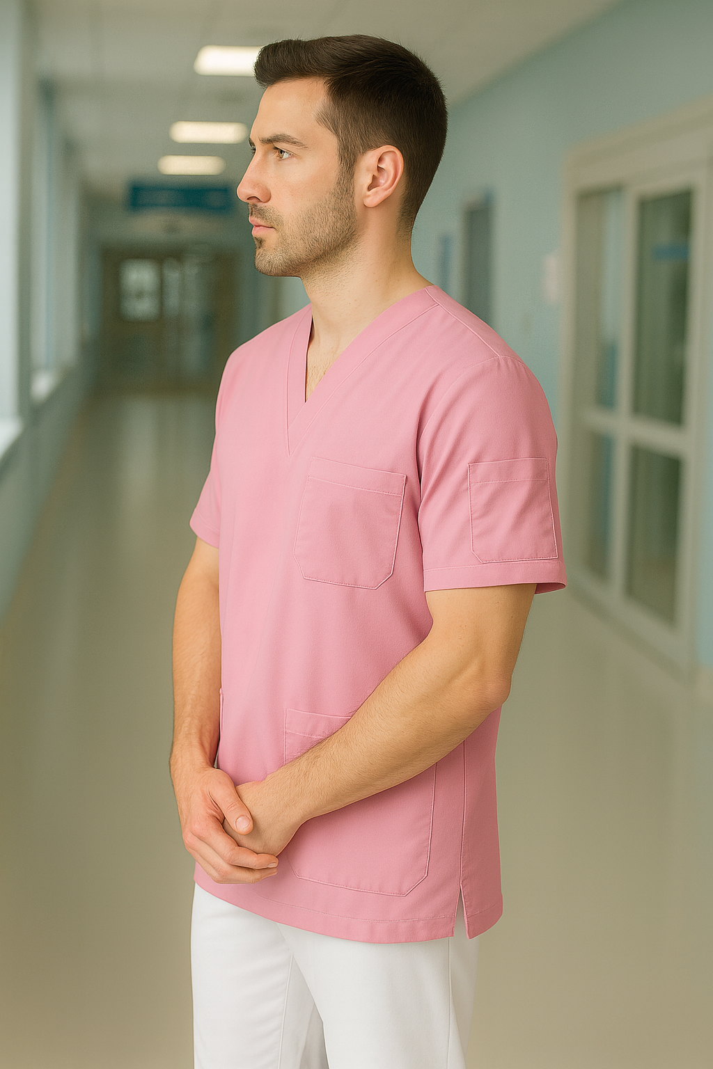 Tek Üst 4 Cepli Erkek Scrubs Forma - Şeker Pembe
