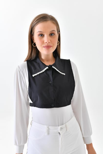 طوق قميص لؤلؤي - أسود