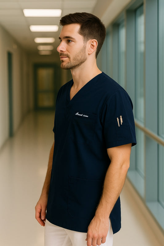 Kişiye Özel İsimli Erkek Tek Üst 4 Cepli Scrubs Forma - Lacivert